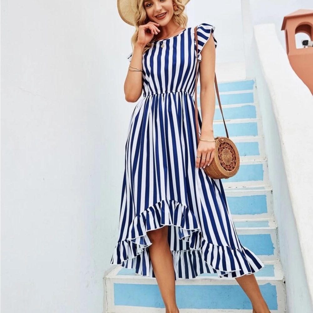 SHEIN Blue and White Asymmetrical Sundress with Flutter Sleeves